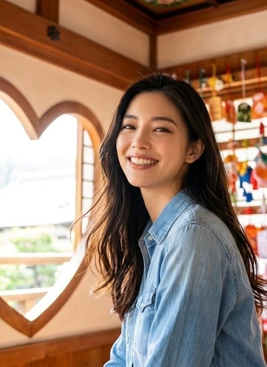 A smiling Japanese woman with long black hair wears a denim shirt indoors, with a heart-shaped window in the background.