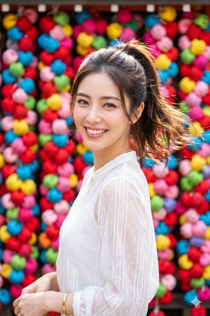 A smiling woman with a ponytail wears a white sheer blouse in front of a colorful background of yarn balls.