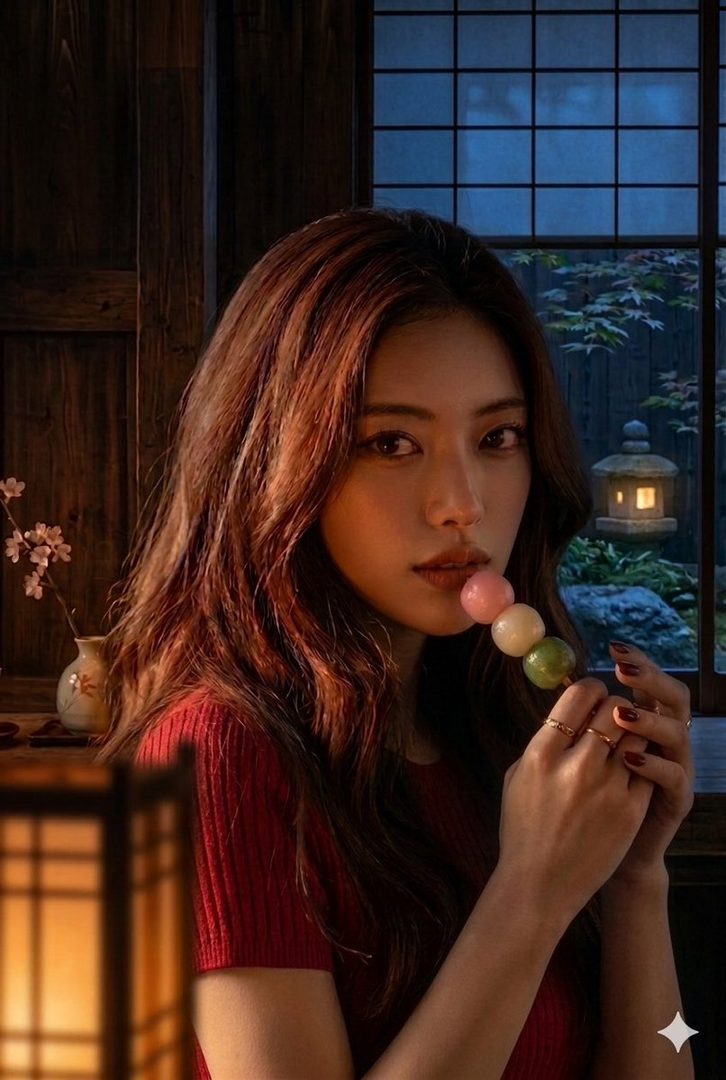 A photorealistic portrait of a young woman with long brown hair, wearing a red knit top, holding a skewer of sanshoku dango in an indoor setting with a traditional Japanese window looking out to a garden at night.