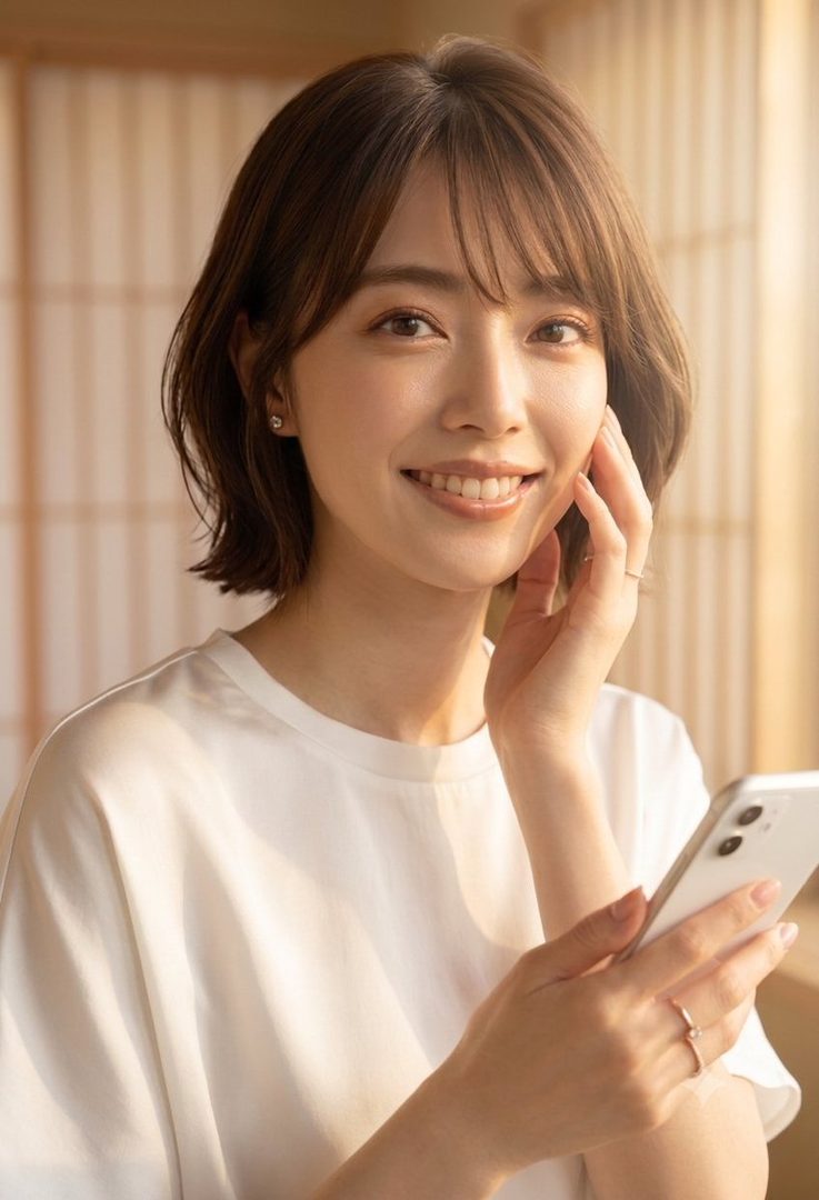A smiling young woman with short brown hair and bangs, wearing a white t-shirt, holds a smartphone and touches her cheek, bathed in warm indoor light.