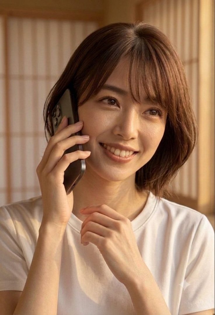 A smiling young Japanese woman with short brown hair and bangs talks on a smartphone indoors.