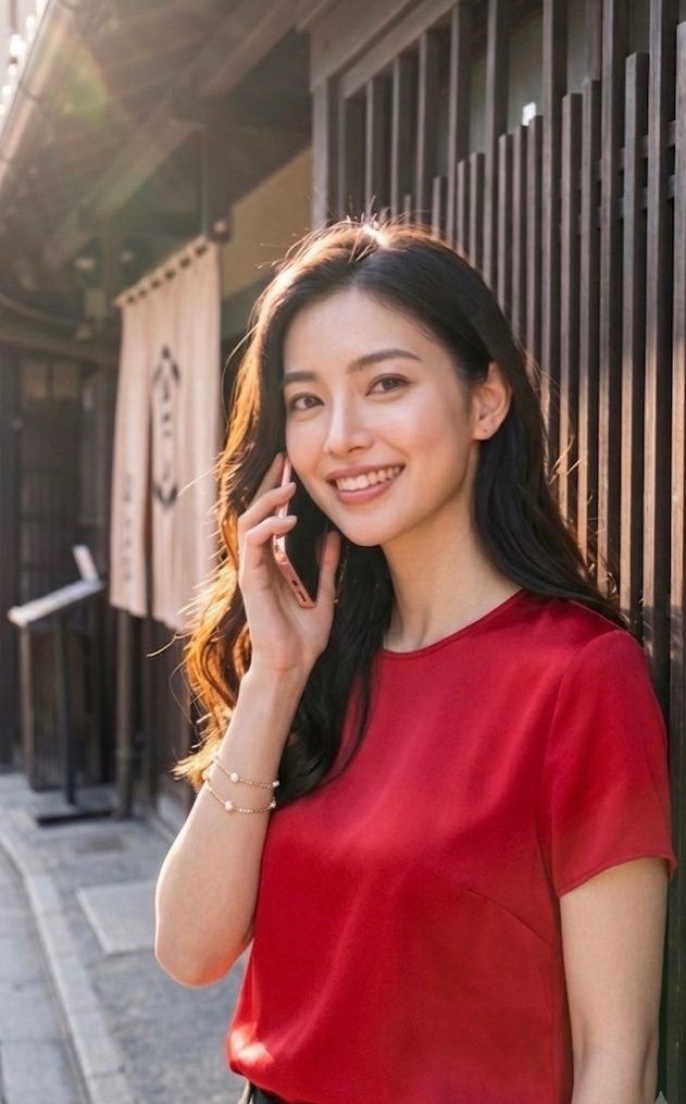 A smiling woman with long black hair in a red blouse talks on a phone on a sunny street with traditional Japanese architecture in the background.