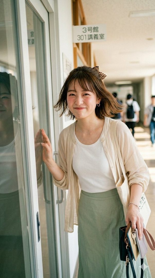 A young woman with short brown hair and bangs, wearing a white top and a light green skirt with a beige cardigan, smiles while standing in a school hallway.
