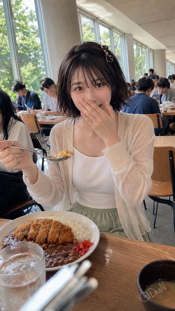 A cute Japanese woman with short brown hair and bangs, wearing a white top and light cardigan, smiles while eating katsu curry in a bright indoor setting.