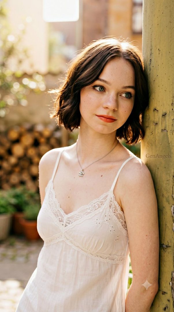 A young woman with short dark brown hair and freckles wears a white lace camisole, leaning against a pole in a sun-drenched outdoor garden.