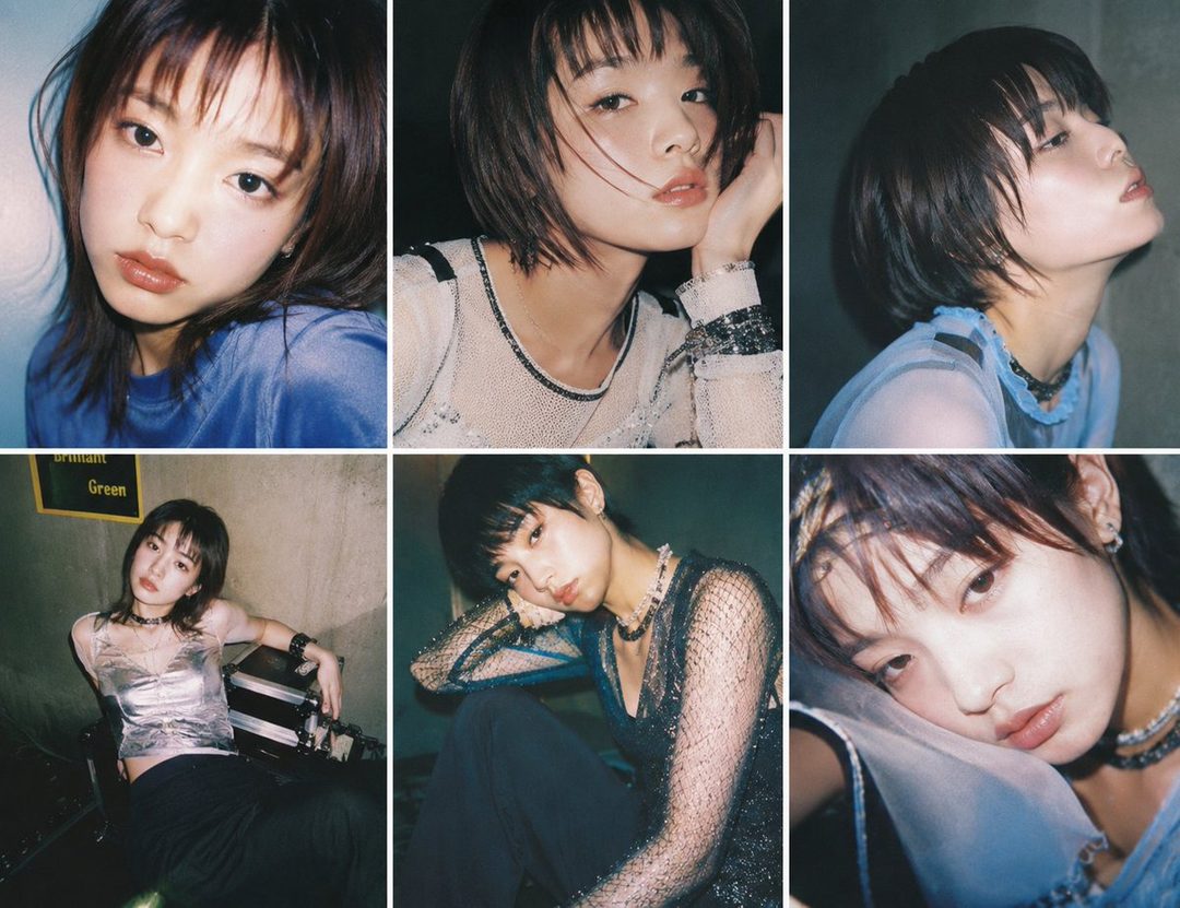 A collage of six photorealistic portraits of a young Japanese woman with short brown hair and bangs, wearing various casual outfits, captured with a nostalgic 90s aesthetic.