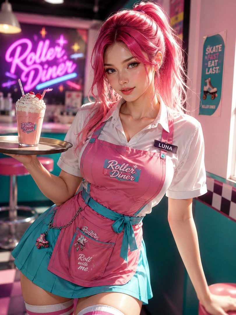 A photorealistic AI-generated image of a young woman with pink hair in a ponytail, wearing a pink apron and blue skirt, holding a tray with a milkshake in a retro diner setting.