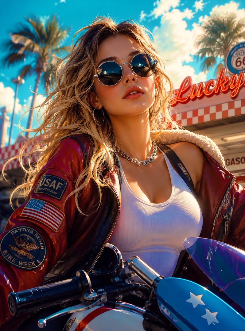 A photorealistic portrait of a blonde woman in sunglasses and a red leather jacket, sitting on a motorcycle with palm trees and a "Lucky" sign in the background.