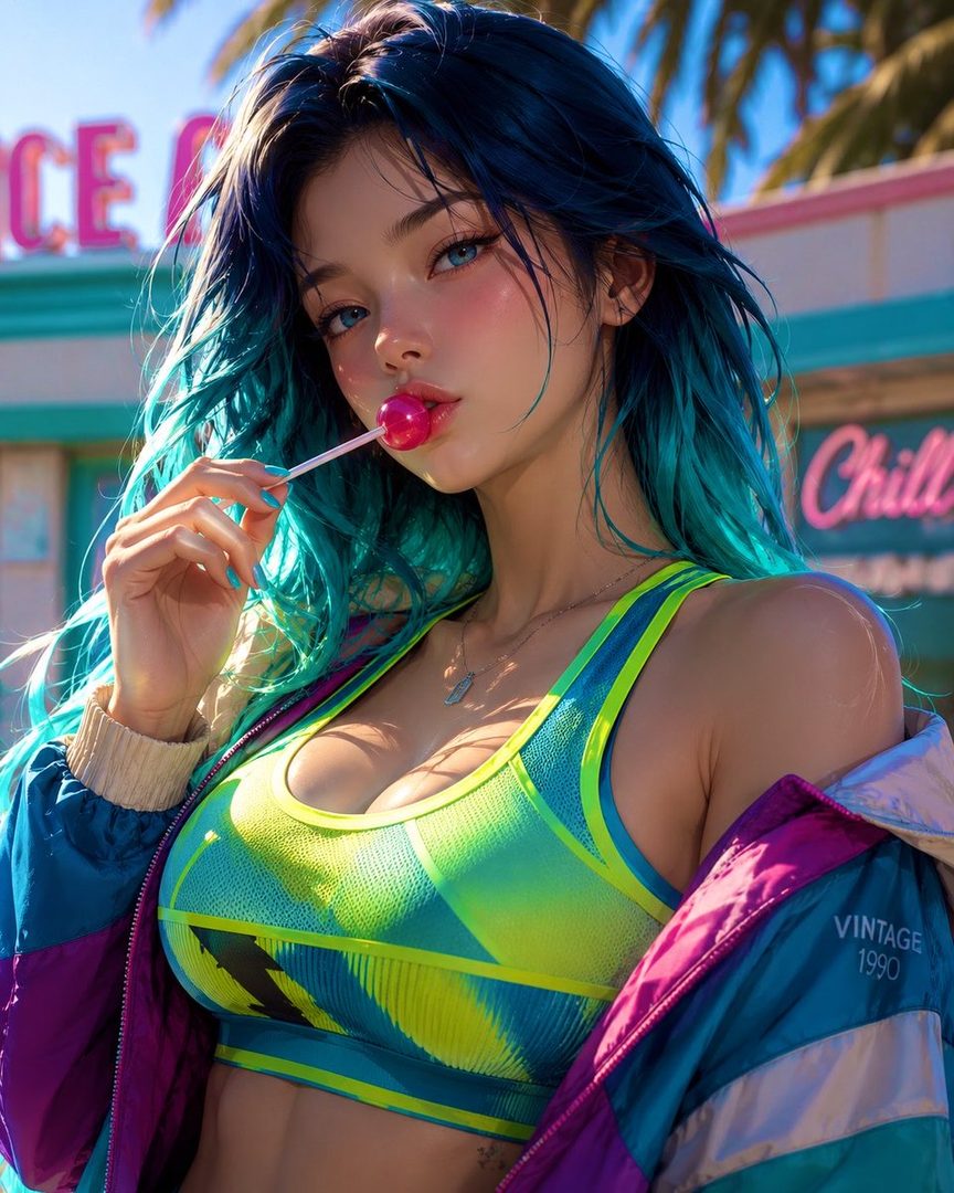 A photorealistic AI-generated portrait of a woman with blue and teal hair, wearing a colorful sports bra and jacket, holding a lollipop outdoors.