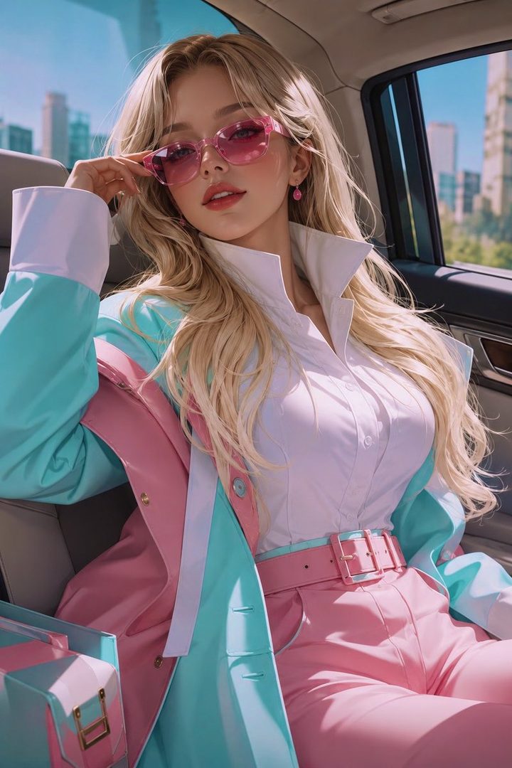 A blonde woman in pink sunglasses and a pink and blue outfit sits in a car, looking towards the viewer.