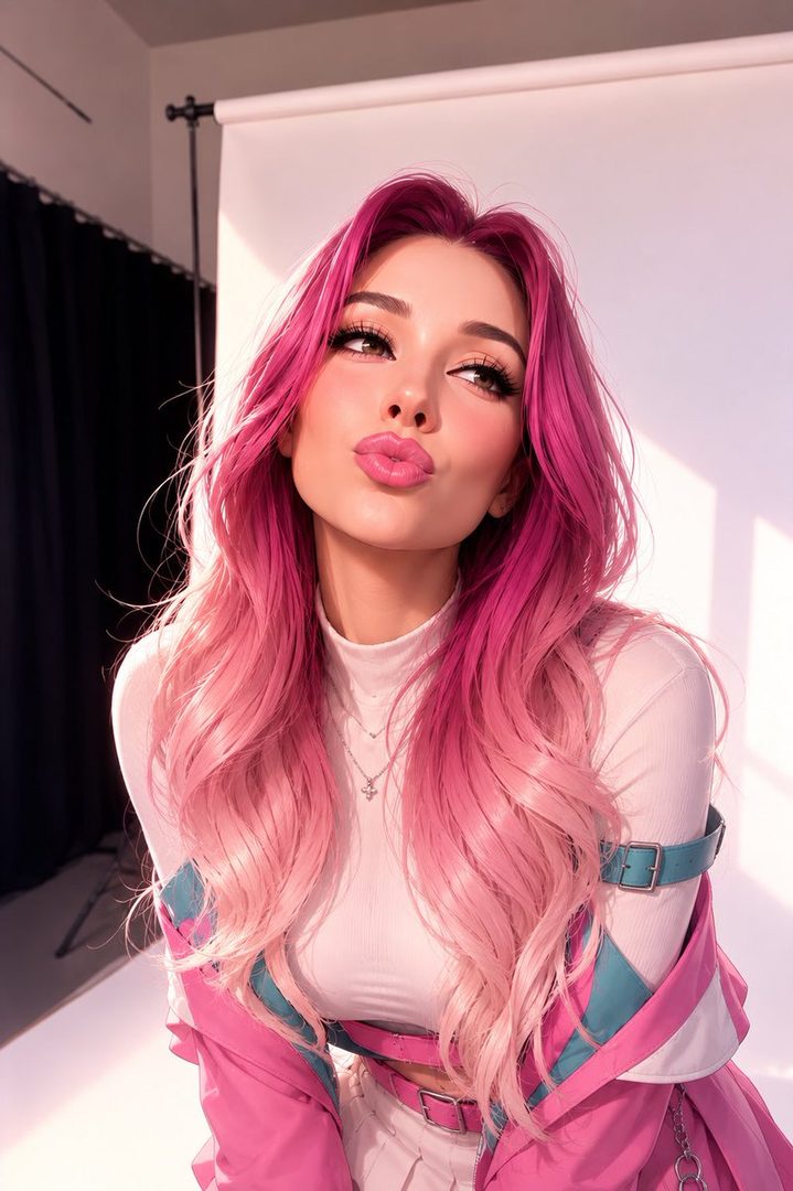 A photorealistic portrait of a woman with long pink hair making a kissy face in a studio setting.