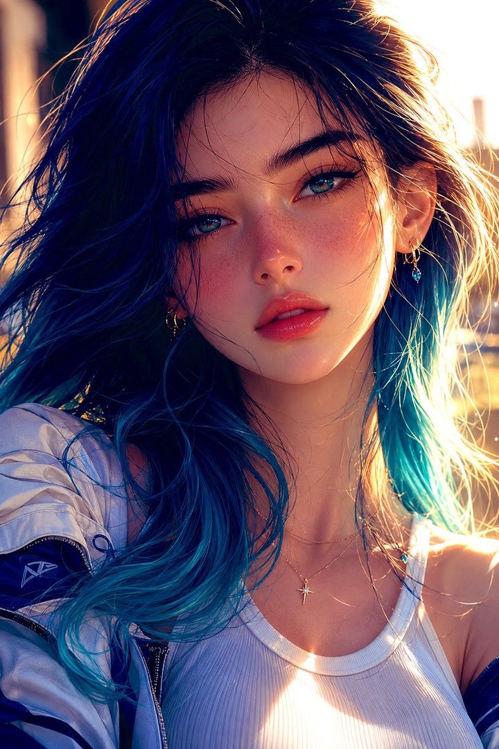 A photorealistic portrait of a woman with long blue hair and blue eyes, illuminated by golden hour sunlight.