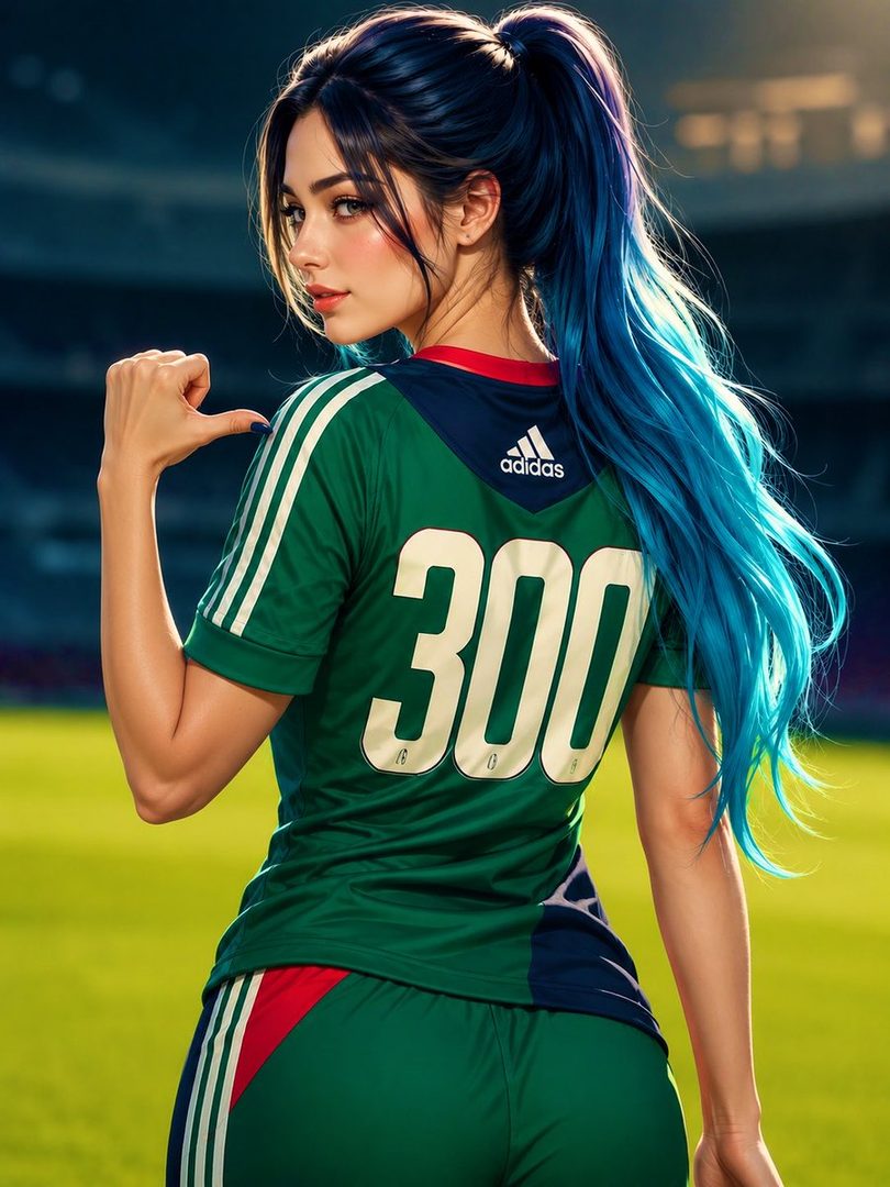 A woman with blue hair in a ponytail, wearing a green and white sports jersey with the number 300, looks over her shoulder on a sports field.