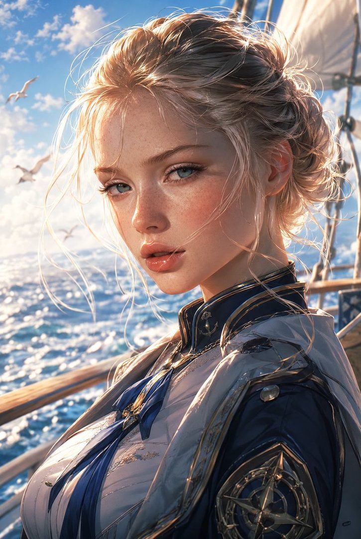A photorealistic portrait of a blonde woman with blue eyes, wearing a detailed naval-style uniform, standing on a ship with the ocean and sky in the background.