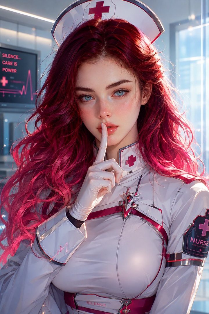 A photorealistic portrait of a woman with long red curly hair, wearing a nurse's uniform and making a 'shush' gesture with a gloved finger to her lips.