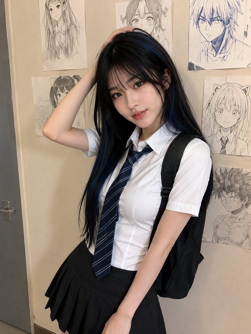 A young woman with long black hair and blue highlights, wearing a school uniform with a white shirt, tie, and black pleated skirt, stands indoors with anime sketches on the wall.
