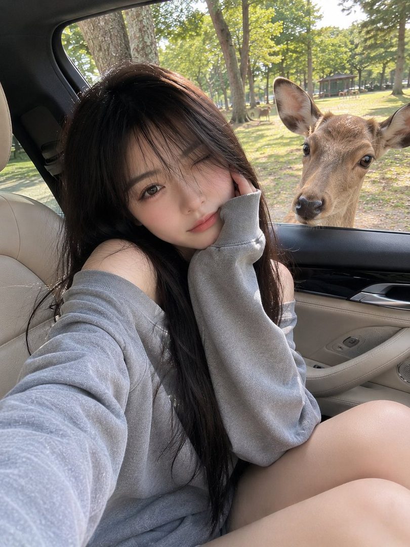 A young woman with long black hair and bangs takes a selfie in a car, wearing an off-shoulder gray sweatshirt, with a deer looking into the window from a park.