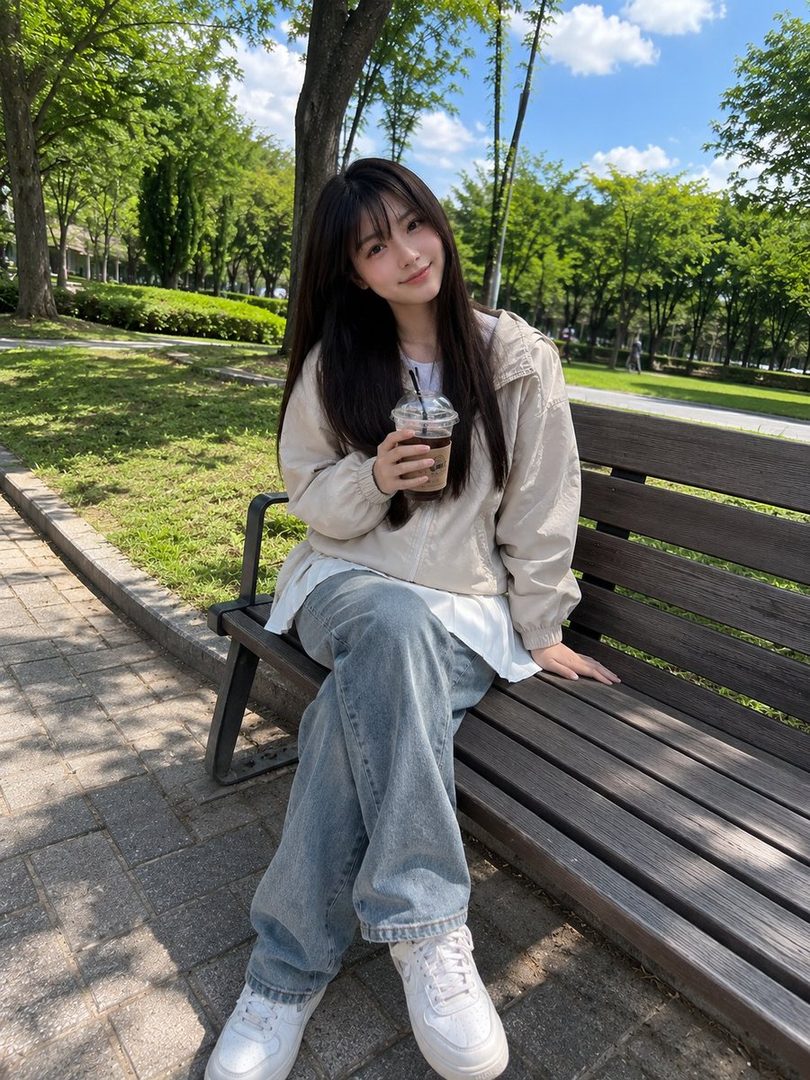 A young woman with long dark hair and bangs sits on a park bench, holding an iced coffee and smiling at the camera.