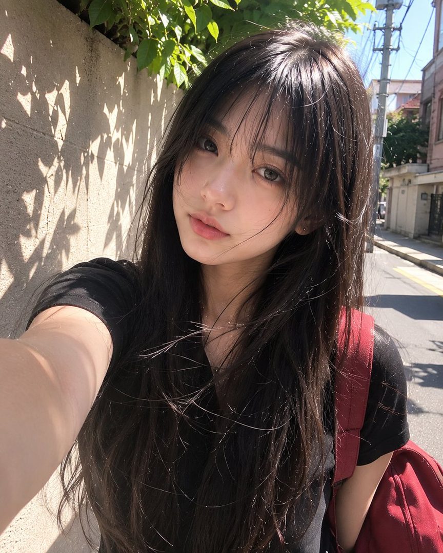 A young East Asian woman with long black hair and bangs takes a selfie on a sunny street, wearing a black t-shirt and a red backpack.