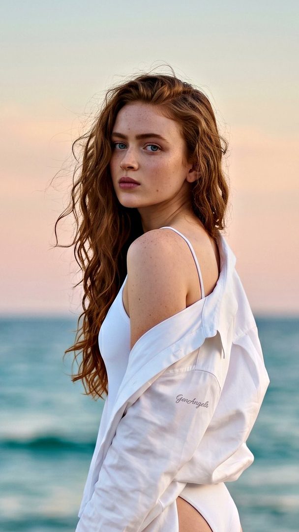 A young woman with long red wavy hair and freckles wears a white swimsuit and an open white shirt, standing by the ocean at dusk.
