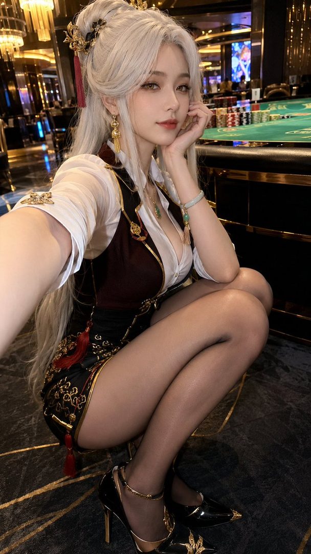A photorealistic AI-generated image of a woman with long white hair and an elegant dress, posing in an indoor setting that resembles a casino.