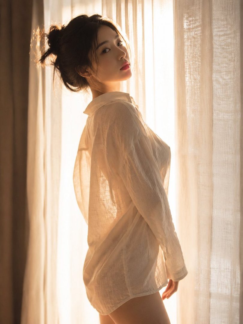 A young East Asian woman in a loose white linen shirt stands by a window with backlighting, creating a suggestive silhouette.