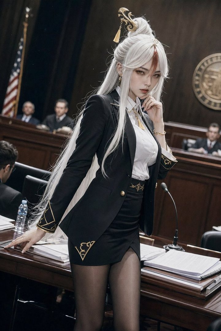 A woman with long white hair and a formal black suit stands in what appears to be a courtroom or office setting, looking directly at the viewer.