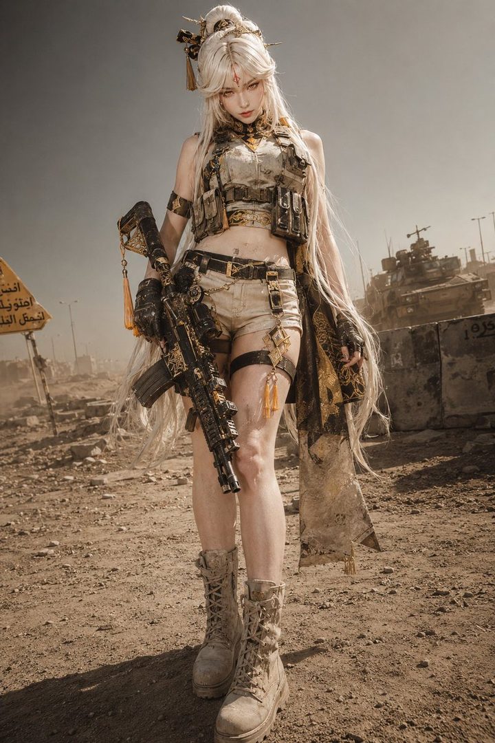 A photorealistic image of a woman with long blonde hair, dressed in a tactical-style outfit with shorts and boots, holding a rifle in a dusty, war-torn outdoor setting with military vehicles in the background.