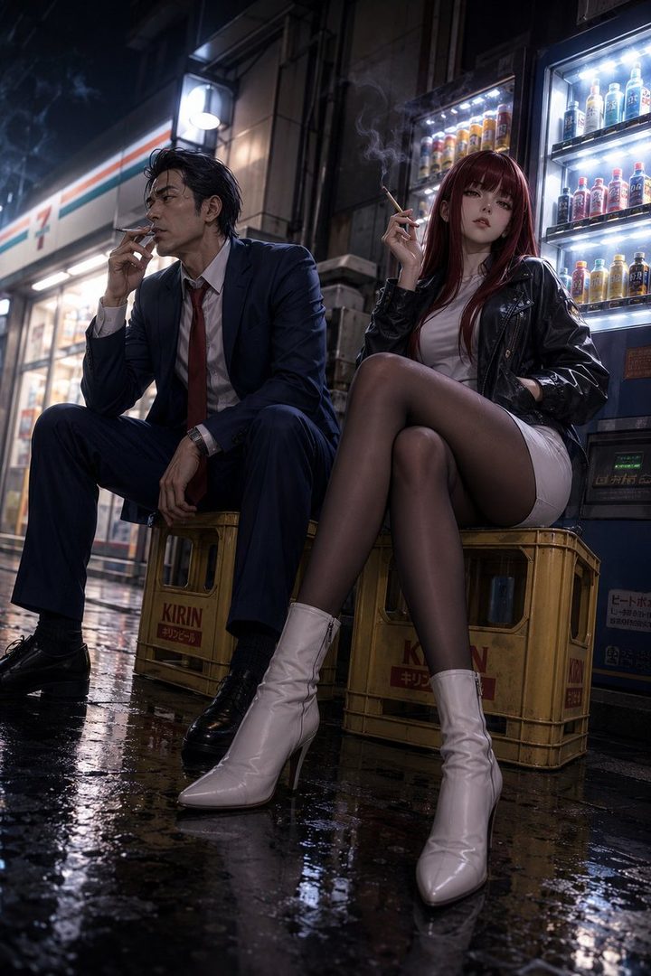 A man in a suit and a woman in a leather jacket and skirt sit on crates outside a convenience store at night, both smoking.