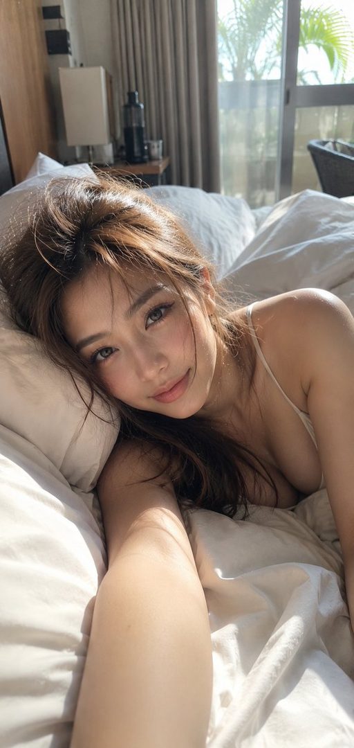 A woman with long brown hair takes a selfie in bed, looking at the camera with a soft expression, with sunlight streaming in from a window.