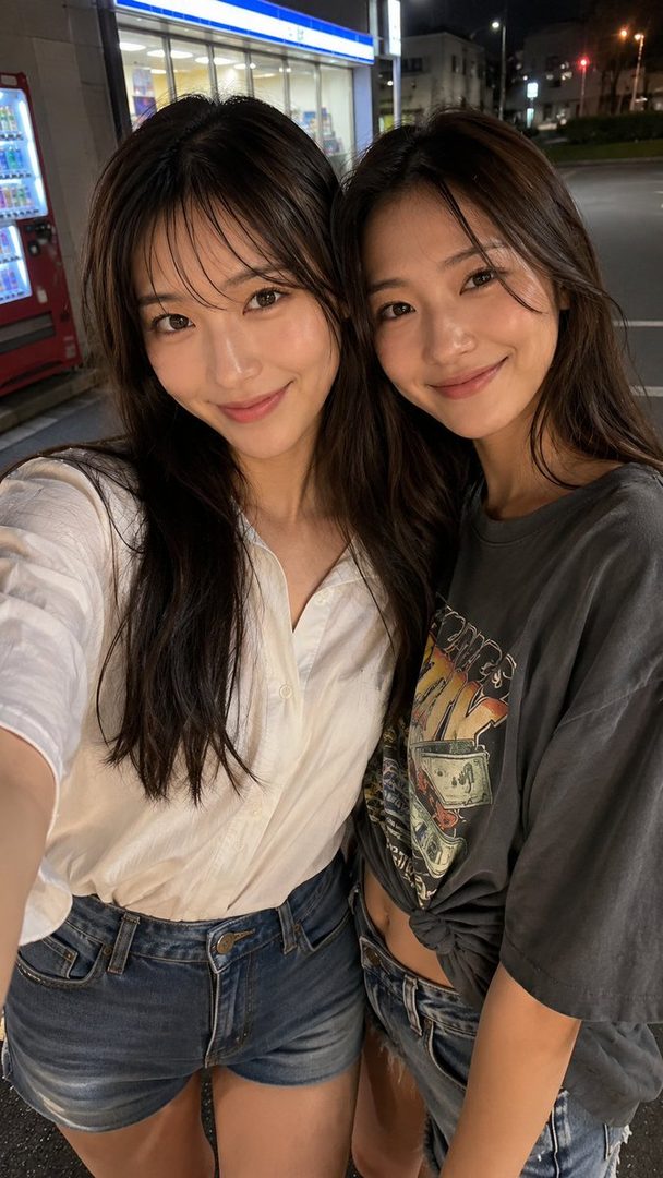 Two young women with long dark hair smile at the camera on a city street at night, one in a white shirt and denim shorts, the other in a dark graphic t-shirt and denim shorts.
