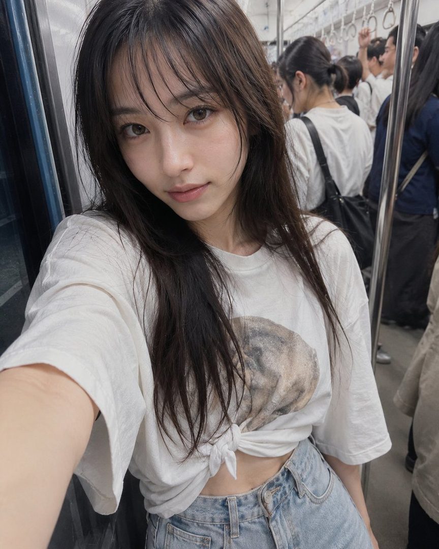 A young woman with long dark hair and bangs takes a selfie on a crowded subway train, wearing a white tied t-shirt and denim shorts.