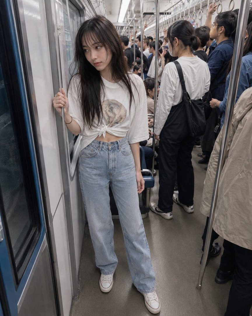 A young woman with long dark hair and bangs stands in a crowded subway train, wearing a white knotted t-shirt and light wash jeans.