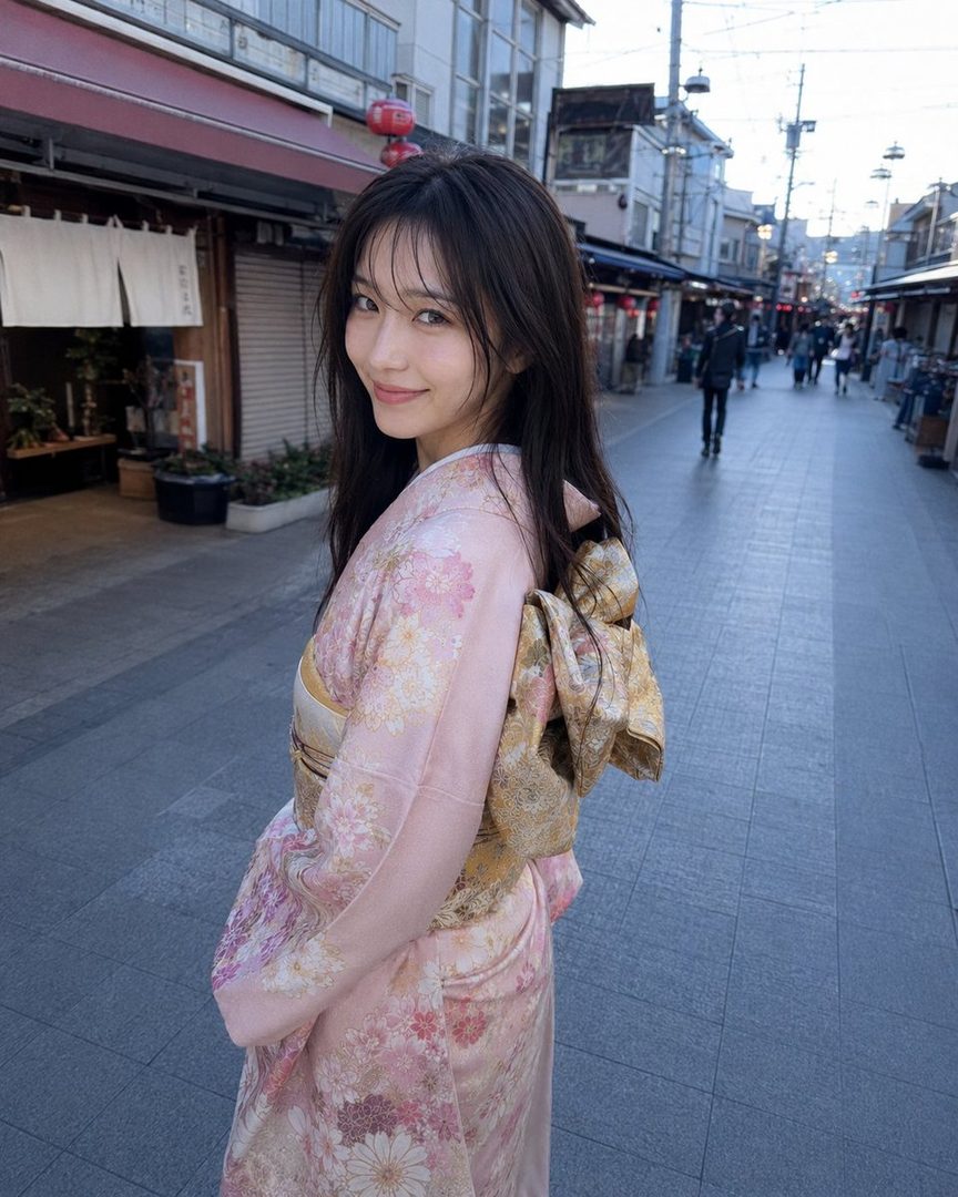 A young woman in a pink floral kimono smiles gently while looking back over her shoulder on a traditional Japanese street.