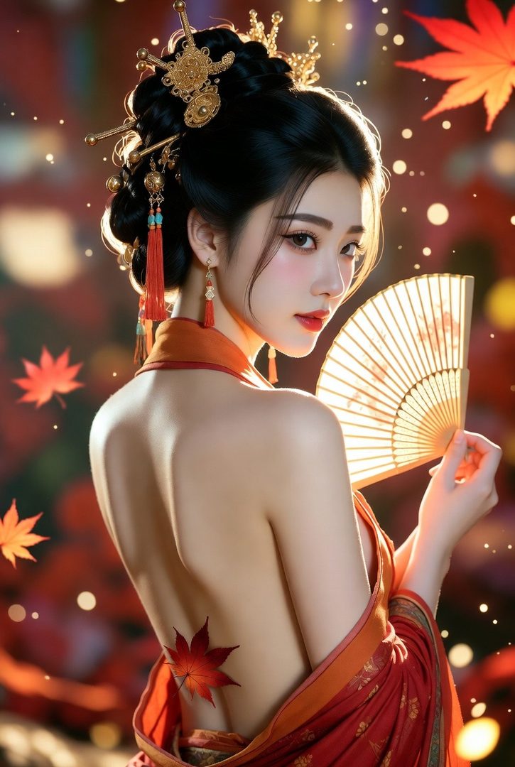 A beautiful woman with an elaborate traditional Chinese hairstyle and red kimono holds a fan, with autumn leaves and bokeh lights in the background.