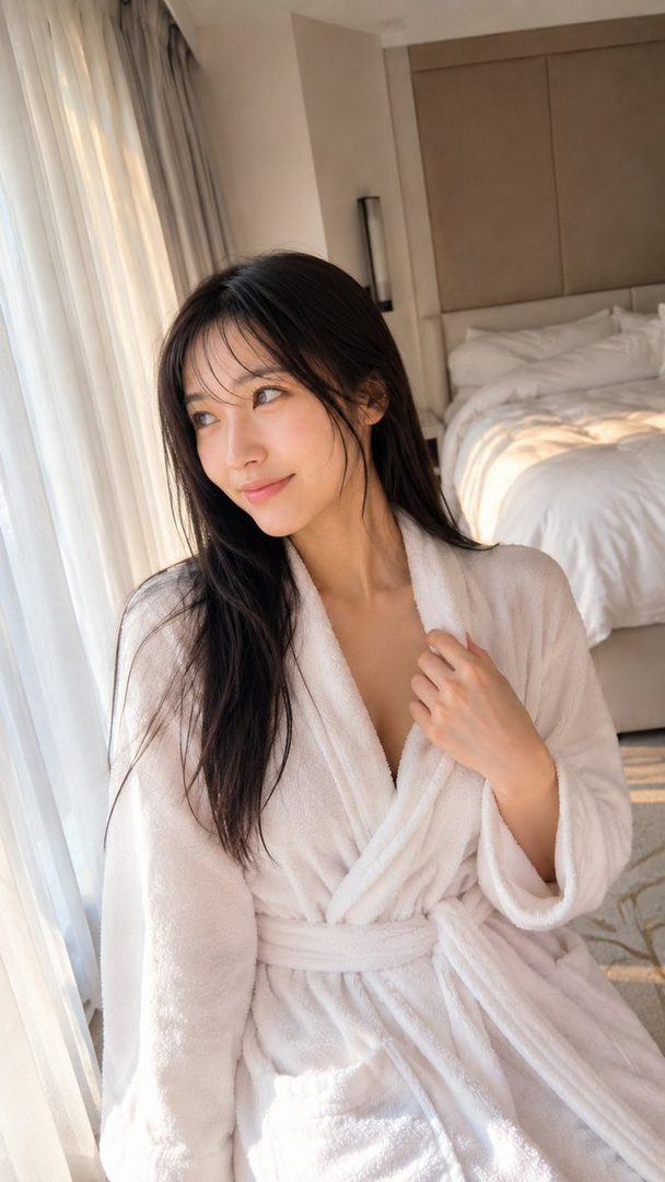 A woman with long black hair wears a white bathrobe, looking out a window in a sunlit hotel room.