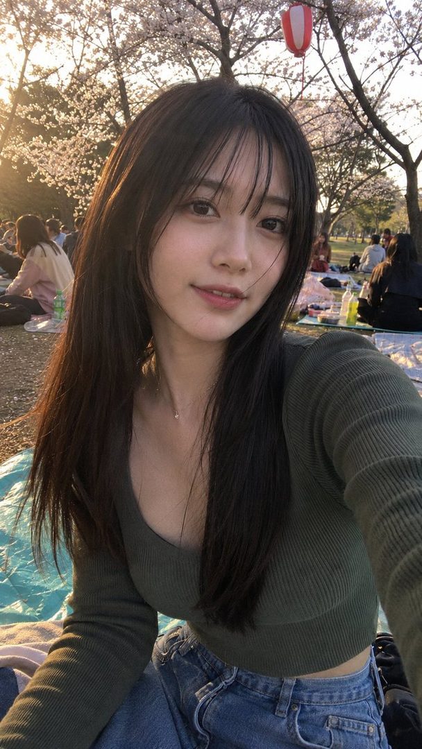 A young woman with long dark hair and bangs smiles softly while sitting in a park with cherry blossoms during golden hour.
