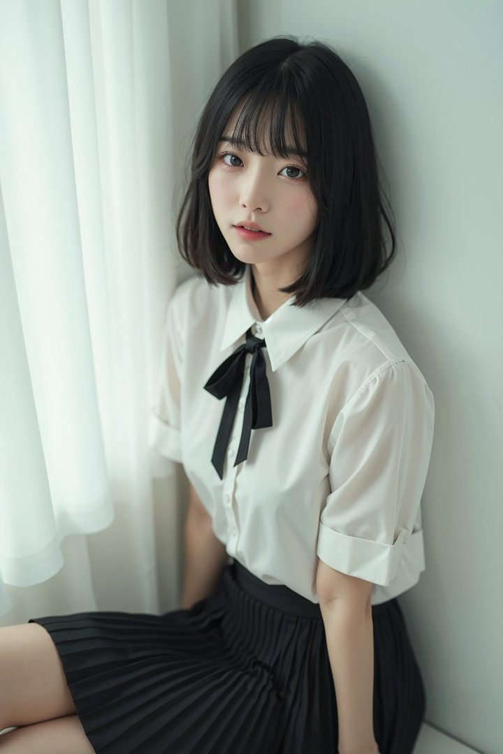 A young woman with short black hair and bangs wears a white blouse with a black bow and a pleated black skirt, looking directly at the camera.