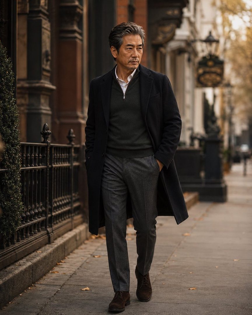 A distinguished-looking East Asian man with gray hair walks down a city street in a dark coat and sweater.