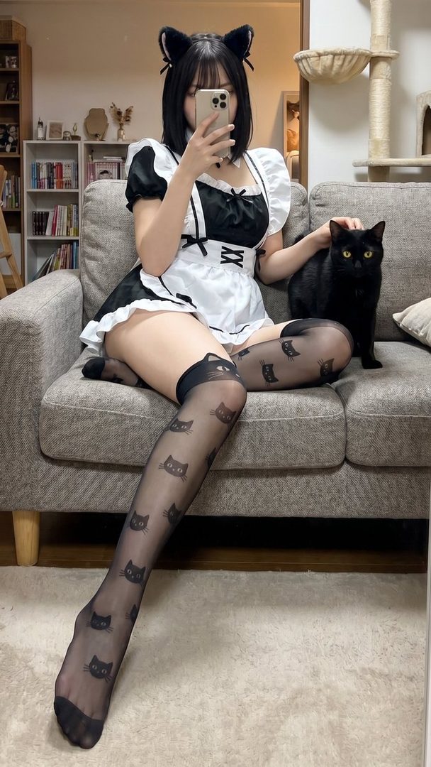 A person in a maid outfit with cat ears and cat-print stockings sits on a couch, taking a selfie with a black cat beside them.