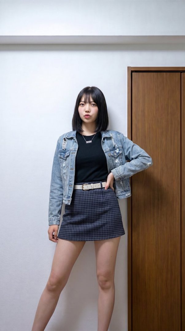 A young woman with black bob hair and bangs poses indoors, wearing a distressed denim jacket over a black top, a white belt, and a houndstooth mini skirt.