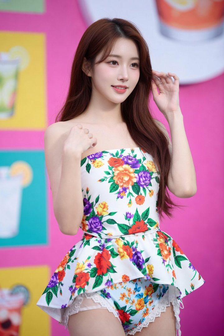 A young woman with long brown hair wears a floral strapless top and matching bottoms with white lace trim, posing in a studio with a colorful background.