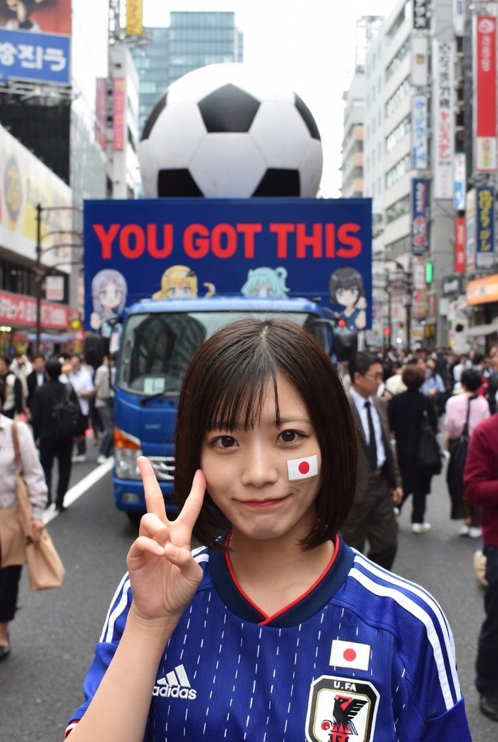 A young woman in a blue Japanese national soccer team jersey makes a peace sign on a busy street, with a large soccer ball and a truck with 'YOU GOT THIS' in the background.