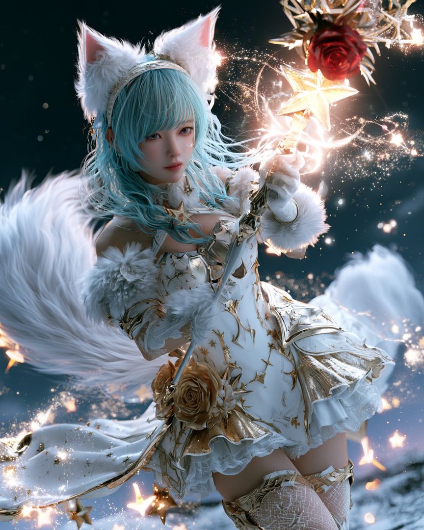 A photorealistic AI-generated portrait of a woman with light blue hair and cat ears, wearing an ornate white and gold dress, holding a glowing star staff amidst sparkling effects.