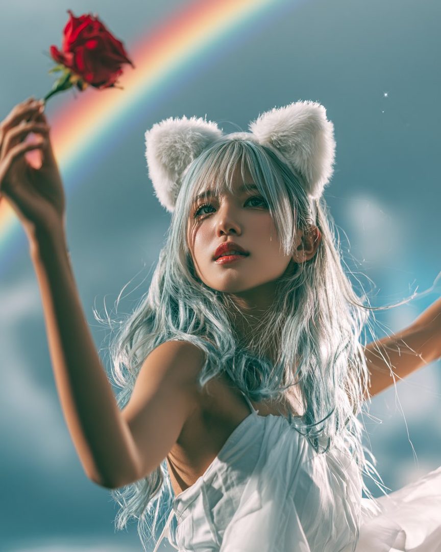 A woman with light blue hair and cat ears holds a red rose against a sky with a rainbow.