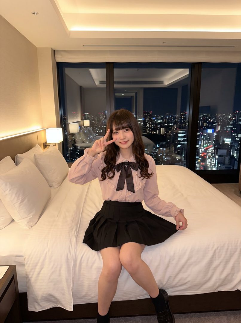 A young woman with long brown hair and bangs, wearing a pink blouse with a black bow and a black pleated skirt, sits on a bed in a hotel room with a city night view outside the window.