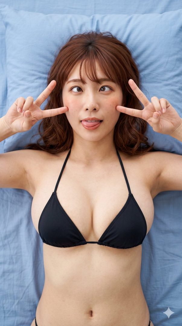 A playful woman in a black bikini lies on a blue sheet, making a peace sign and sticking out her tongue.