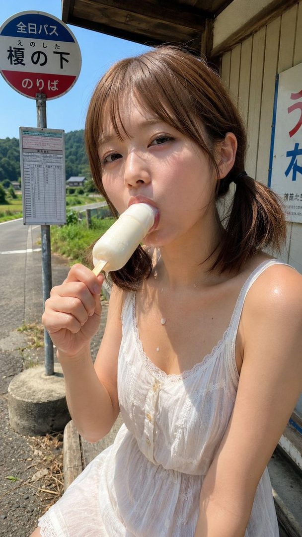 A young woman with brown hair in pigtails eats an ice cream bar at a bus stop on a sunny day.