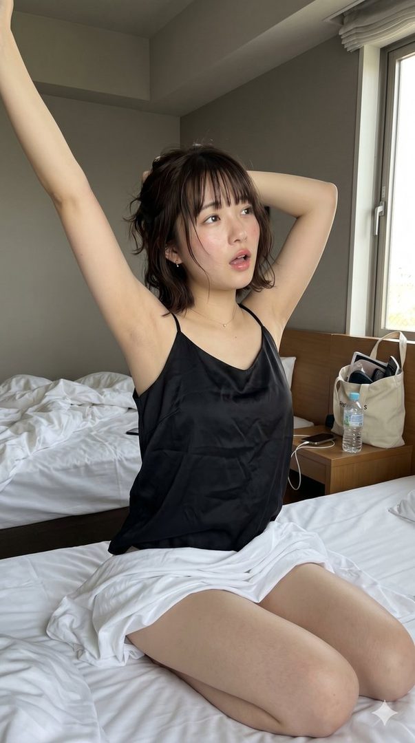 A young woman with short brown hair and bangs, wearing a black camisole and white shorts, stretches on a bed in a bright room.