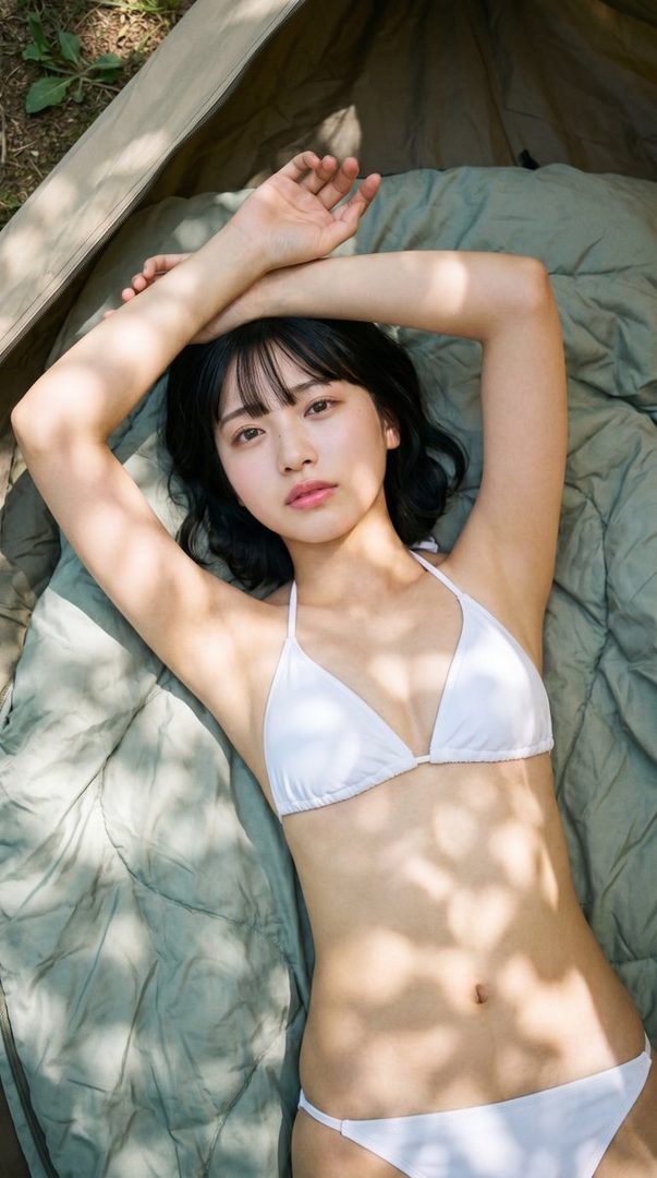 A young woman with black hair and bangs lies on a green blanket in a white bikini, looking at the camera.